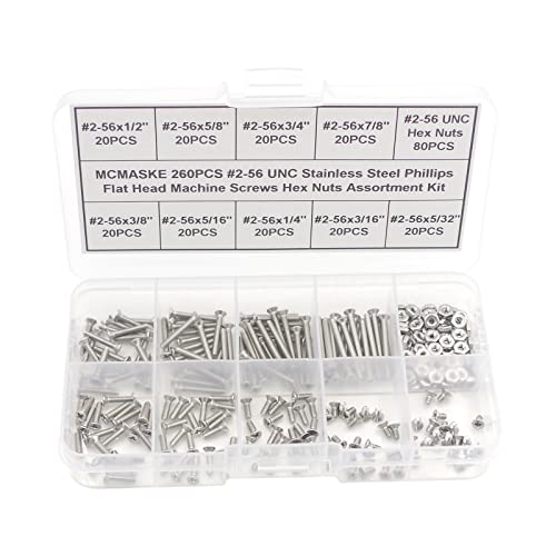 Juegos de tornillos y pernos  | Kit de surtido de 26 piezas de tornillos de máquina de cabeza plana Phillips de acero inoxidable #2-56 UNC y tuercas hexagonales. Juegos de tornillos y pernos Juegos de tornillos y pernos