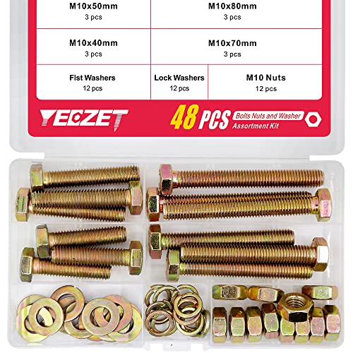 Juegos de tornillos y pernos  | Kit de surtido de 48 piezas de tornillos y tuercas de cabeza hexagonal M10 de grado 8.8 con arandelas planas y de bloqueo de 40 mm, 50 mm, 70 mm y 80 mm. Juegos de tornillos y pernos Juegos de tornillos y pernos