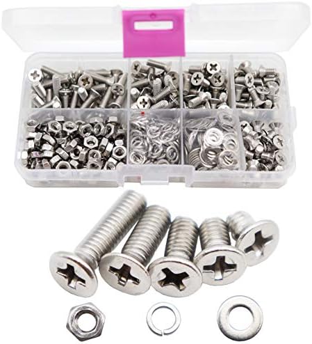 Juegos de tornillos y pernos  | Kit de surtido de 550 piezas de tornillos de máquina de cabeza plana Phillips M4, pernos, tuercas y arandelas, acero inoxidable 304, M4 x 6 mm / 8 mm / 10 mm / 12 mm / 16 mm. Juegos de tornillos y pernos Juegos de tornillos y pernos