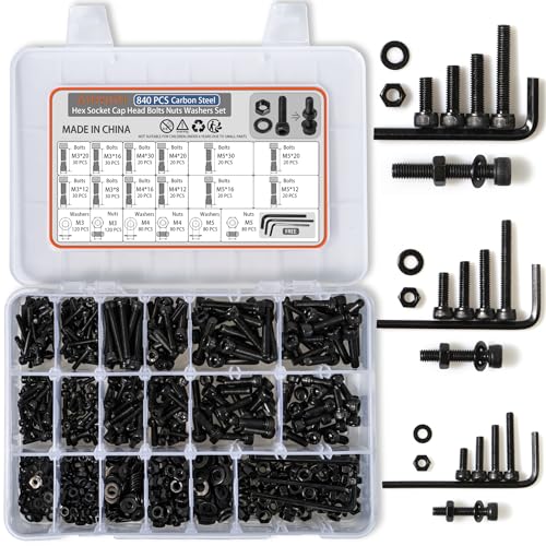 Juegos de tornillos y pernos  | Kit de surtido de tornillos de cabeza hexagonal métrica, juego de tornillos métricos M3 M4 M5, 840 piezas de kit de tornillos, tuercas y arandelas métricas, surtido de pernos y tuercas de acero aleado de grado 12.9. Juegos de tornillos y pernos Juegos de tornillos y pernos