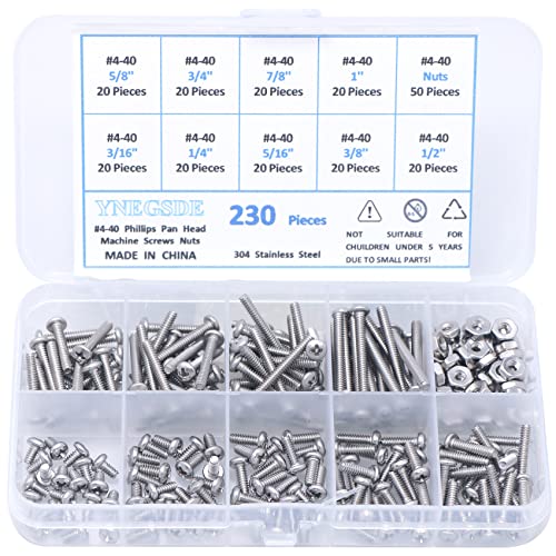 Juegos de tornillos y pernos  | Kit de Surtido de Tornillos de Máquina 4-40 con Cabeza Pan Phillips, Tuercas y Tornillos de Acero Inoxidable, Surtido de Tornillos, Tuercas y Tornillos, Rosca Totalmente Machinada – 230 Piezas Juegos de tornillos y pernos Juegos de tornillos y pernos