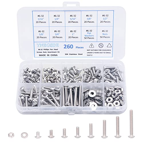 Juegos de tornillos y pernos  | Kit de Surtido de Tornillos de Máquina 6-32 con Cabeza Phillips, Tornillos, Tuercas y Arandelas Variadas, Kit de Tuercas y Tornillos de Acero Inoxidable con Estuche, Paquete de 260. Juegos de tornillos y pernos Juegos de tornillos y pernos