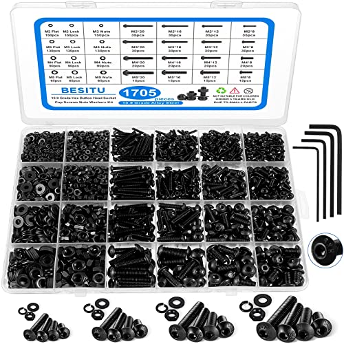 Juegos de tornillos y pernos  | Kit de surtido de tornillos de máquina de 1705 piezas, kit de pernos y tuercas métricas M2 M3 M4 M5 con arandelas planas y de seguridad, juego de tornillos de cabeza hexagonal 10.9 de acero aleado con llave Allen. Juegos de tornillos y pernos Juegos de tornillos y pernos