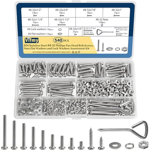 Juegos de tornillos y pernos  | Kit de surtido de tornillos de máquina de cabeza plana Phillips #8-32 de 540 piezas con tuercas, arandelas planas, arandelas de seguridad y destornillador. Juego de tornillos y arandelas de hardware de acero inoxidable SAE 304. Juegos de tornillos y pernos Juegos de tornillos y pernos