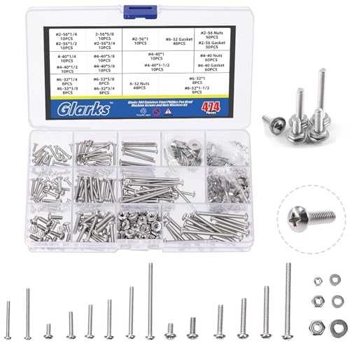 Juegos de tornillos y pernos  | Kit de surtido de tornillos de máquina Glarks de 474 piezas #6-32 #2-56 #4-4, juego de tuercas, tornillos y arandelas planas de acero inoxidable con cabezas Phillips, surtido de 34 tornillos de máquina de acero inoxidable. Juegos de tornillos y pernos Juegos de tornillos y pernos