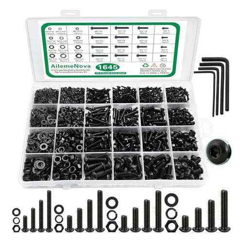 Juegos de tornillos y pernos  | Kit de surtido de tornillos métricos, 1645 piezas de surtido de pernos métricos M2 M3 M4 M5, tornillos de máquina con arandelas de bloqueo y planas, tornillos de cabeza hexagonal de acero aleado grado 1.9, tuercas y pernos con estuche. Juegos de tornillos y pernos Juegos de tornillos y pernos