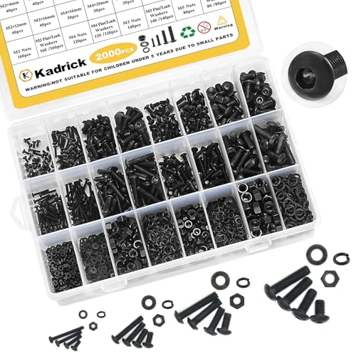 Juegos de tornillos y pernos  | Kit de surtido de tornillos métricos de 2000 piezas, surtido de pernos métricos M2 M3 M4 M5 con tornillos de máquina, arandelas planas y de bloqueo, tornillos, tuercas y pernos de acero aleado de grado 10.9, cabeza de botón hexagonal negra. Juegos de tornillos y pernos Juegos de tornillos y pernos