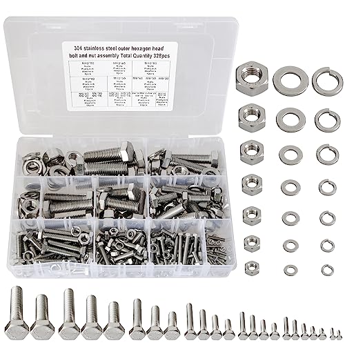 Juegos de tornillos y pernos  | Kit de surtido de tornillos métricos de 328 piezas M3/M4/M5/M6/M8/M10/M12, kit de tornillos de cabeza hexagonal plana de acero inoxidable 304 de alta resistencia y tuercas, kit de surtido de tuercas, juntas planas y arandelas de seguridad (plateado) Juegos de tornillos y pernos Juegos de tornillos y pernos