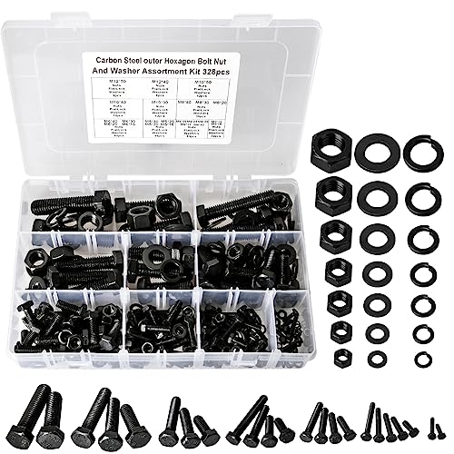 Juegos de tornillos y pernos  | Kit de surtido de tornillos métricos de 328 piezas M3/M4/M5/M6/M8/M10/M12, tornillos de cabeza hexagonal plana de acero al carbono de grado 8.8, kit de tuercas y arandelas de bloqueo, kit de arandelas planas y tuercas (Negro) Juegos de tornillos y pernos Juegos de tornillos y pernos