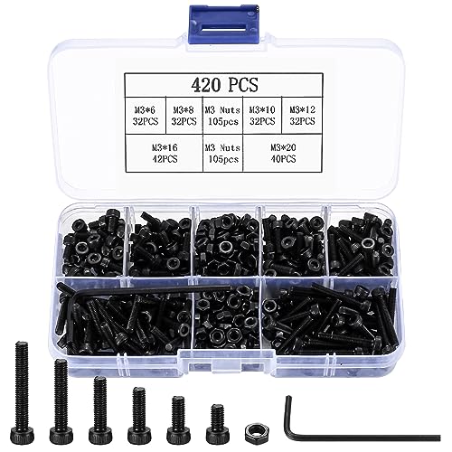 Juegos de tornillos y pernos  | Kit de Surtido de Tornillos Métricos M3, 42 Piezas de Tornillos de Cabeza Hexagonal con Casquillo, Juego de Tornillos y Tuercas, Kit de Tornillos, Tuercas y Pernos Negros para Impresora 3D, Allen Métrico de Manejo Hexagonal, M3 (6/8/10/12/16/20) mm Juegos de tornillos y pernos Juegos de tornillos y pernos