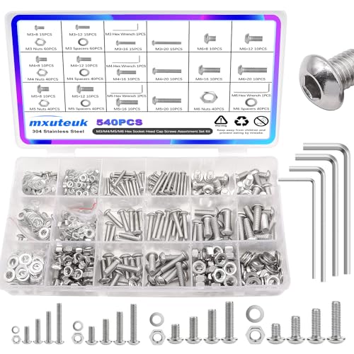 Juegos de tornillos y pernos  | Kit de surtido de tornillos métricos M3 M4 M5 M6, 540 piezas, tornillos de cabeza hexagonal de acero inoxidable 304 de 8 mm a 20 mm, kit de tuercas y tornillos con llave hexagonal G036. Juegos de tornillos y pernos Juegos de tornillos y pernos