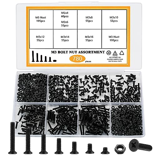 Juegos de tornillos y pernos  | Kit de surtido de tornillos Phillips de cabeza avellanada y tuercas hexagonales, 78 piezas de tornillos de cabeza plana, pernos y tuercas, M3 x 4 mm/6 mm/8 mm/10 mm/12 mm/16 mm/20 mm, negro (A) Juegos de tornillos y pernos Juegos de tornillos y pernos