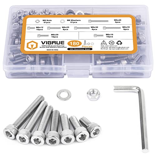 Juegos de tornillos y pernos  | Kit de Tornillos de Acero Inoxidable M6 de 180 Piezas, Tornillos de Cabeza Hexagonal M6X12/16/20/25/30/35/40Mm, Tuercas y Arandelas, Surtido, Rosca Completa UNC Juegos de tornillos y pernos Juegos de tornillos y pernos