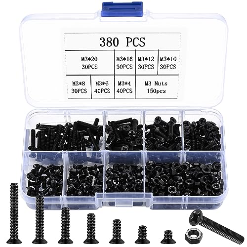 Juegos de tornillos y pernos  | Kit de Tornillos de Cabeza Plana M3 y Tuercas Hexagonales, 38 Piezas de Tornillos Phillips de Cabeza Avellanada Negros, Kit de Surtido de Tornillos y Tuercas – M3 x 4mm/6mm/8mm/10mm/12mm/16mm/20mm Juegos de tornillos y pernos Juegos de tornillos y pernos