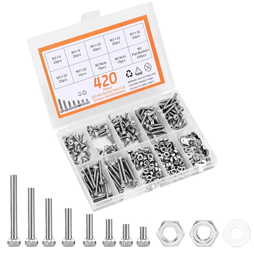 Juegos de tornillos y pernos  | Kit de Tornillos M3 de 42 Piezas, Juego Premium de Tornillos de Cabeza Hexagonal con Tuercas y Arandelas, M3 x 6mm / 8mm / 10mm / 12mm / 16mm / 20mm / 25mm (Plateado) Juegos de tornillos y pernos Juegos de tornillos y pernos