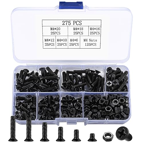 Juegos de tornillos y pernos  | Kit de tornillos y tuercas de cabeza plana M4, 275 piezas de tornillos Phillips de cabeza avellanada negra, kit de assortimento de tornillos y tuercas hexagonales – M4 x 6 mm / 10 mm / 12 mm / 16 mm / 18 mm / 20 mm. Juegos de tornillos y pernos Juegos de tornillos y pernos