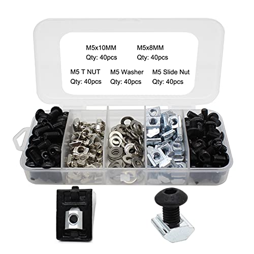 Juegos de tornillos y pernos  | Kit de Tuercas y Tornillos Negros para Soporte de Esquina de la Serie 2020-2028, 40 Pcs Tornillos de Cabeza de Botón Hexagonal M5 X 10Mm, M5 X 8Mm, 40 Pcs Tuercas en T M5 para Deslizamiento, Tuercas en T M5 para Inserción, 40 Pcs Arandelas M5. Juegos de tornillos y pernos Juegos de tornillos y pernos