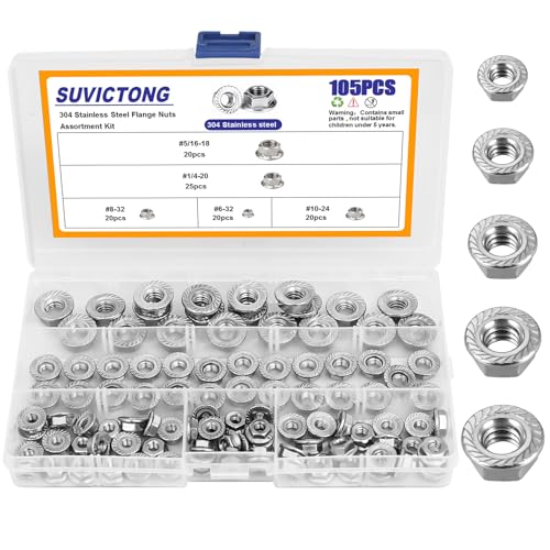 Nueces  | Kit de 105 Piezas de Tuercas de Flange Hexagonales con Diente de Sierre, Acero Inoxidable 304, 5 Tamaños de Tuercas de Flange Hexagonales (#6-32, #8-32, #10-24, 1/4″-20, 5/16″-18) Nueces Nueces