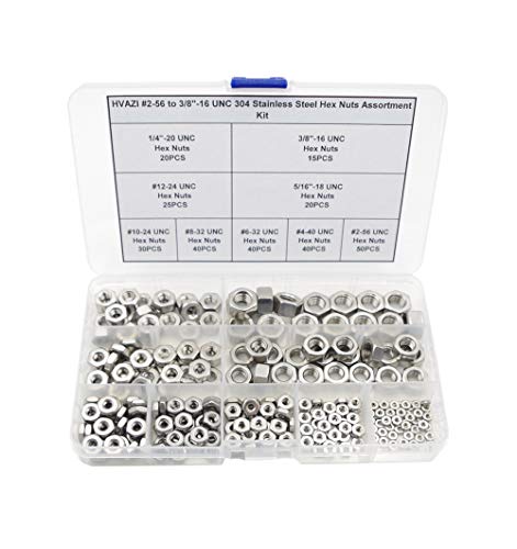 Nueces  | Kit de surtido de tuercas hexagonales de acero inoxidable #2-56 a 3/8″-16 UNC 34 Nueces Nueces