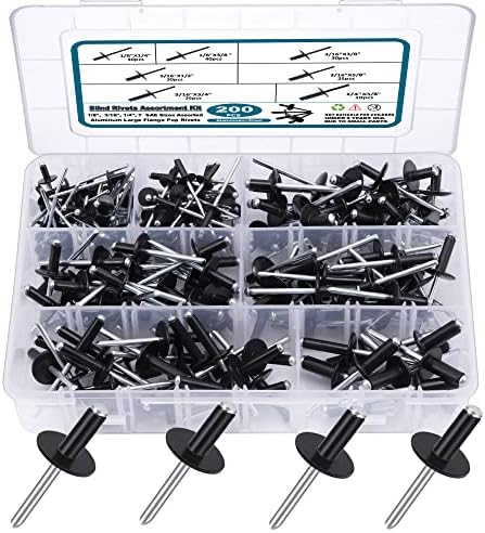 Remaches  | Kit de 200 Piezas de Remaches Negras, Remaches Pop con Flange Grande de Aluminio (1/8″, 3/16″, 1/4″) Remaches Ciegos Variados con Estuche Remaches Remaches