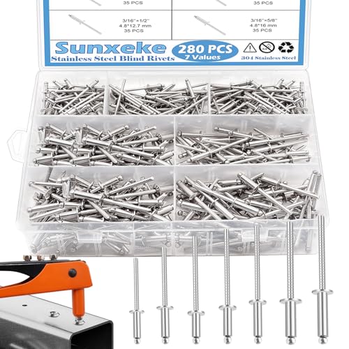 Remaches  | Kit de 280 Piezas de Remaches de Acero Inoxidable 304, 7 Tamaños de Remaches de Acero Inoxidable 1/8″, 5/32″, 3/16″, Remaches Ciegos Variados, Utilizados para Proyectos de bricolaje en el Hogar, Conexión de Plásticos, Madera, Mangos y Laminados. Remaches Remaches