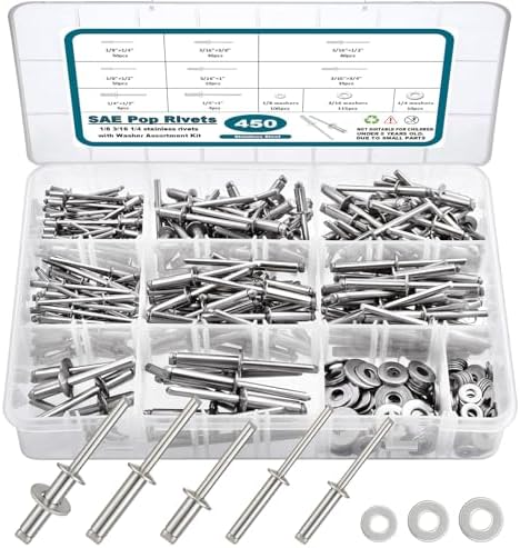 Remaches  | Kit de 450 Piezas de Remaches Pop de Acero Inoxidable 304 con Arandelas, Remaches Ciegos Asortidos de 1/8″, 3/16″ y 1/4″ en 8 Tamaños SAE, Reparaciones de Bricolaje/Hogar/Automotrices. Remaches Remaches