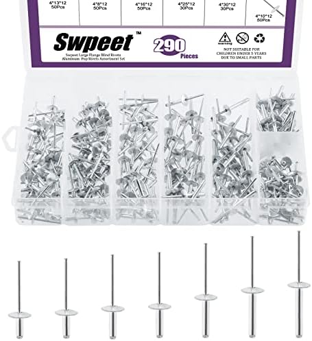 Remaches  | Kit de Remaches Ciegos de Aluminio con Gran Brida Swpeet de 29 Piezas, 5/32″, 5/16″, 3/8″, 1/2″, 5/8″, 3/4″, 1″, 1-3/16″, Remaches Pop Plateados Tipo de Abierto para Uso Interior y Exterior. Remaches Remaches