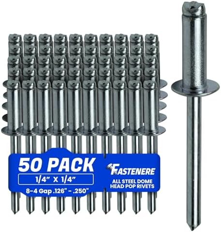 Remaches  | Remaches Pop – 1/4″ X 1/4″ (50 Pcs) Pesados, de Punta Abierta, Acero de Bajo Carbono, Remaches Ciegos con Cabeza en Domo, Resistentes a la Corrosión y de Alta Resistencia al Corte, Espacio 8-4 0.126″-0.250″ Remaches Remaches