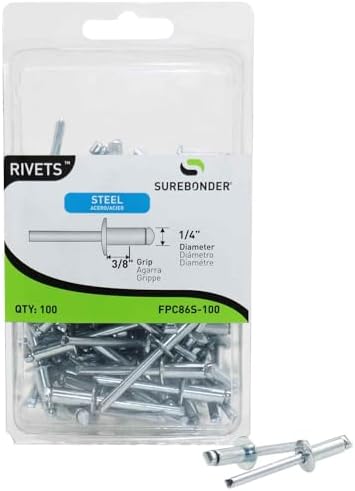 Remaches  | Rivet de acero corto Fpc86S-100 – Diámetro de 1/4″, agarre de 3/8″ – Paquete de 100 unidades Remaches Remaches