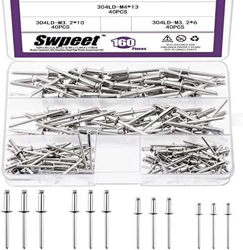 Remaches  | Swpeet 16 Piezas 1/8″, 5/32″, 3/16″ Kit de Remaches Ciegos de Acero Inoxidable con Gran Brida, Remaches Pop Negros Tipo de Abierto para Uso Interior y Exterior Remaches Remaches