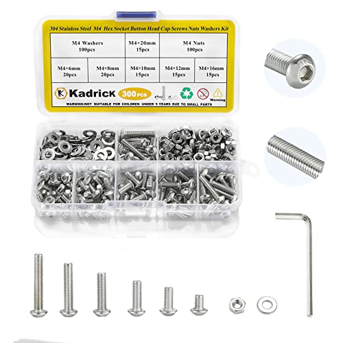 Tornillos  | 300 Piezas de Juego de Tornillos M4, Cabeza de Botón, Capuchón de Socket, M4X6Mm, 8Mm, 10Mm, 12Mm, 16Mm, 20Mm, Tornillos Métricos de Acero Inoxidable, Tuercas y Arandelas con 1 Llave Allen Hexagonal. Sujetadores Tornillos