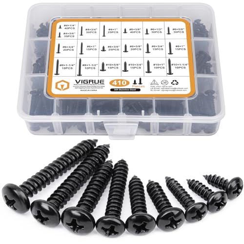 Tornillos  | Juego de 410 Piezas de Tornillos de Acero Inoxidable Negros para Madera #4#6#8#10, Tornillos de Cabeza Pan Phillips para Metal, Tornillos para Madera Autoperforantes, Kit de Asortimento, Longitud de 1/4″ a 1-1/2″ Sujetadores Tornillos