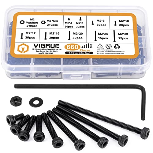 Tornillos  | Juego de 660 Piezas de Tornillos M2 Negros, Tornillos de Cabeza Hexagonal M2 X 4/6/8/10/12/16/20/25/30Mm, Kit de Variedad de Tuercas y Arandelas, Tornillos de Acero Aleado Grado 12.9, Totalmente Rosca Mecánica, Con Accionamiento de Encastre Allen. Sujetadores Tornillos