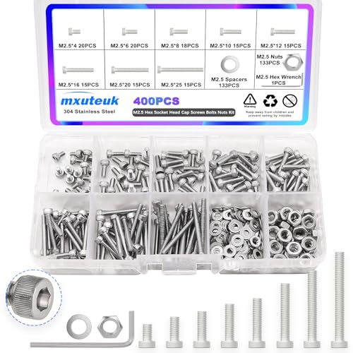 Tornillos  | Juego de tornillos M2.5, Tornillos de cabeza hexagonal M2.5 X 4/6/8/10/12/16/20/25 mm, kit de pernos y tuercas, 400 piezas de tornillos de acero inoxidable 304 variados con llave hexagonal G035-M2.5. Sujetadores Tornillos