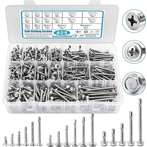 Tornillos  | Tornillos Autoperforantes para Metal, Juego de Tornillos Autoperforantes de Acero Inoxidable 410 #8#10, 425 Piezas de Tornillos de Cabeza de Truss, Cabeza Hexagonal y Cabeza Plana para Chapas Metálicas, Longitud de 1/2″ a 2″ Sujetadores Tornillos