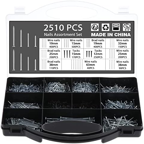 Uñas  | Kit de 251 Piezas de Clavos de Hardware, Juego de Clavos Galvanizados con Estuche de Almacenamiento – Incluye Clavos de Cabeza de Brad, Cabeza Plana y Pernos para DIY, Manualidades, Masonería, Carpintería, Decoración Sujetadores Uñas