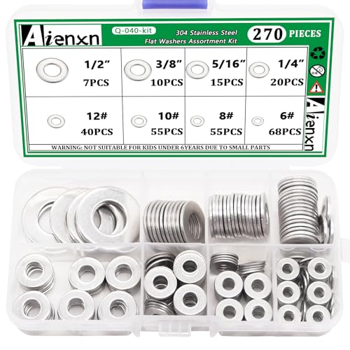 Arandelas de hardware  | Kit de 270 Piezas de Arandelas Planas de Acero Inoxidable 304 en 8 Tamaños SAE – 1/2, 3/8, 5/16, 1/4, 12#, 10#, 8#, 6#, Arandelas Planas para Tornillos, Arandelas para Pernos Q-040-Kit Arandelas de hardware Arandelas de hardware