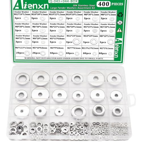 Arandelas de hardware  | Kit de 400 Piezas de Arandelas Planas de Acero Inoxidable 304, Arandelas para Tornillos, Tamaños Métricos de Arandelas para Tornillos – M2, M2.5, M3, M4, M5, M6, M8, M10, M12 para Uso Doméstico e Industrial Arandelas de hardware Arandelas de hardware