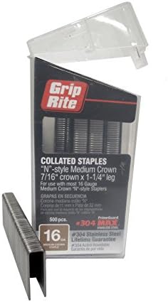 Grampas  | Grip Rite Prime Guard Max B64890 Grapas de Acero Inoxidable 304 de 16 Calibraciones 7/16″ de Corona Media por 1-1/4″ en Caja con Clip de Cinturón (Paquete de 500) Grampas Grampas