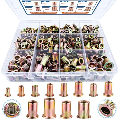 Insertos roscados  | Kit de Tuercas Remachadas, 470 Pcs SAE y Métricas UNC, Inserciones Roscas de Acero Carbono Galvanizado, Juego de Tuercas Nutserts, Tamaños 6-32, 8-32, 10-24, 1/4″-20, 5/16″-18, 3/8″-16, M3, M4, M5, M6, M8, M10. Insertos roscados Insertos roscados