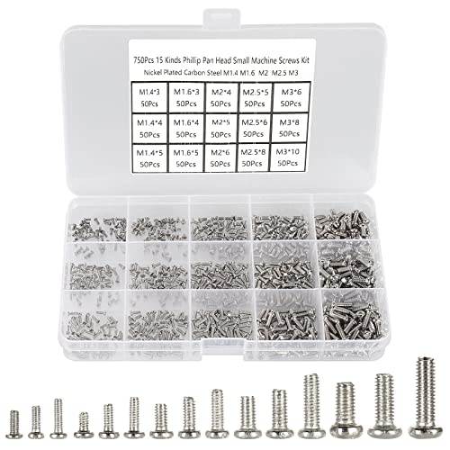 Juegos de tornillos y pernos  | 75 Piezas Tornillos de Máquina Pequeños Phillips Cabeza Pan M1.4/M1.6/M2/M2.5/M3, Tornillos Pequeños, Micro Tornillos, Kit de Surtido de Tornillos Mini para Reloj, Juguete, Reparación de Equipos Electrónicos, Acero al Carbono Niquelado. Juegos de tornillos y pernos Juegos de tornillos y pernos