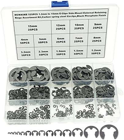 Anillos de retención  | Kit de 525 Piezas de 14 Tipos de E-Clips Métricos, Anillos Retenedores Externos de Montaje Lateral, Diámetro Nominal de 1.2 mm a 15 mm, Acabado en Fosfato Negro Anillos de retención Anillos de retención