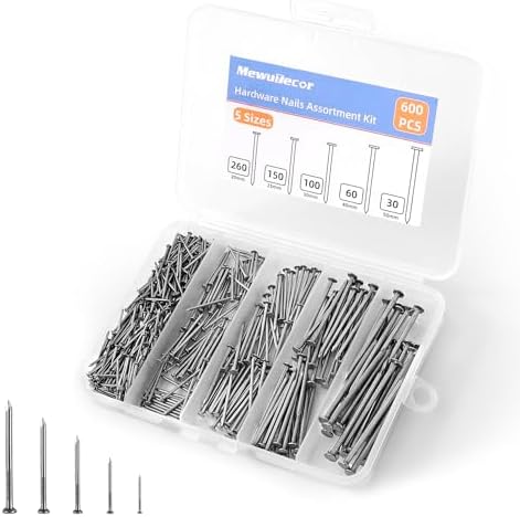 Uñas  | Kit de Asortimiento de Clavos de Hardware de 5 Tamaños, Clavos Planos para Colgar Cuadros en la Pared, Clavos de Madera, Clavos Comunes, Clavos para Colgar, 600 Pcs Sujetadores Uñas